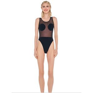 Norma Kamali Dot Dash Mio Bodysuit Size MS, Semi-Sheer Scoop Neckline MSRP $195